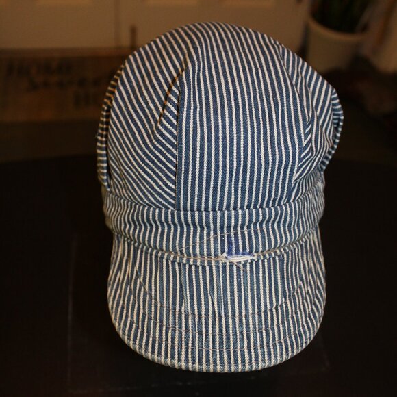 Vintage Lee Denim Conductor Hat Railroad Stripe Engineer Cap Union Made USA - Picture 1 of 3